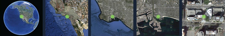 Satellite zoom sequence from Earth to Long Beach, California — location of the Promenade artwork
