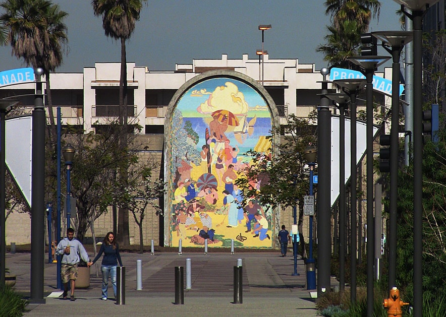 Long shot view of the WPA-inspired mosaic and sculptures on the Long Beach Promenade